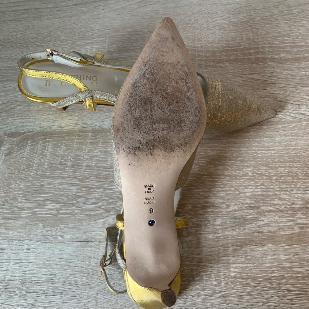 Vintage Pointed Toe Slingback Pump Gold Heels Special Occasion Something Bleu - Picture 7 of 15